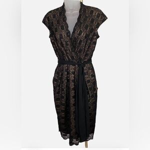 Alex Evenings Elegant Sequined Black Lace over Nude Dress, NWT
